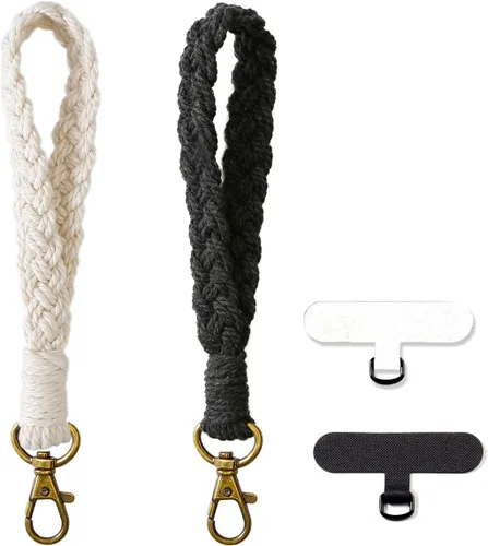 Vista 14 de Correa de muñeca para teléfono estilo boho macramé, cordón para teléfono celular con pestaña de anclaje, llavero con dije para muñeca, cadena