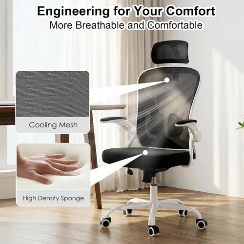 Vista 6 de Silla giratoria ergonómica de oficina con reposacabezas ajustable 3D y soporte lumbar, silla de escritorio con respaldo alto con brazos abatibles