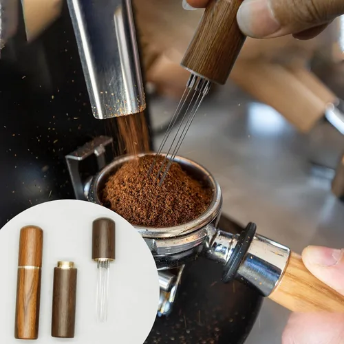 Vista 2 de 2 herramientas de distribución de espresso, herramienta agitadora de espresso con mango de madera natural y base, agitadores de café expreso de 5