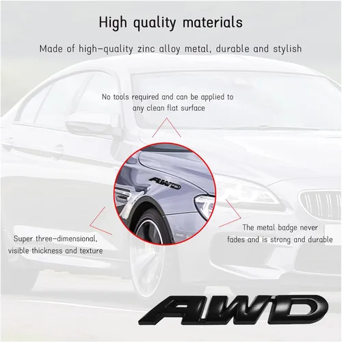 Vista 3 de Dickno Pegatina de emblema AWD, calcomanía de letra 3D de metal para puerta trasera y lateral, emblema adhesivo para parachoques laterales de auto