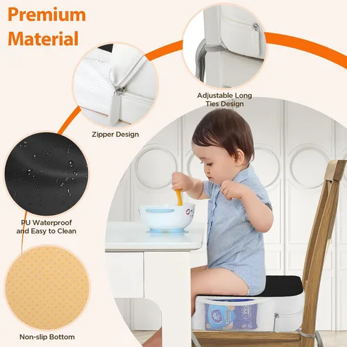 Vista 5 de Asiento elevador para silla de cocina, cojín de asiento elevado para niños Mesa de comedor de PU para niños pequeños con lazos y bolsillos