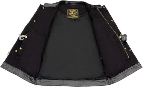 Vista 5 de Milwaukee Leather MDM3010 - Chaleco de motociclista estilo club de mezclilla negra para hombre con ribete de cuero y cremallera oculta