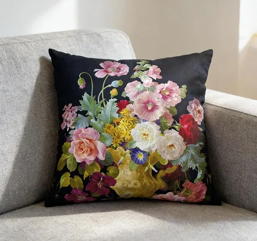 Vista 7 de Funda de cojín floral ligera de lujo, 18 x 18 pulgadas, pintura al óleo retro victoriana de doble cara, fondo negro, flor vibrante, funda de cojín