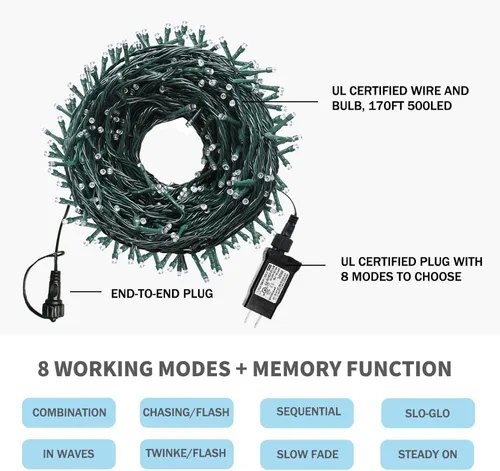 Vista 2 de Guirnalda de luces de Navidad para interiores y exteriores, luces para árbol de Navidad, con certificación UL, función de memoria con enchufe