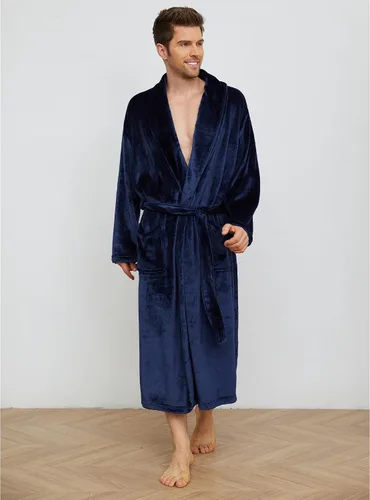 Vista 6 de U2SKIIN Albornoz de forro polar para hombre con cuello de felpa