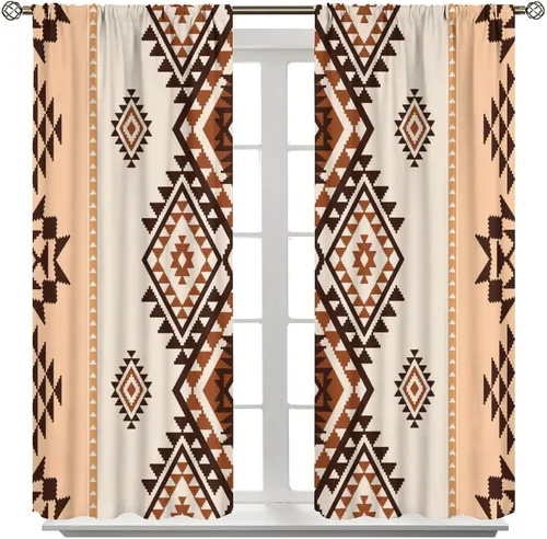 Vista 74 de Cortinas con patrón geométrico tribal, estilo suroeste, azteca, rústico, occidental, nativo americano, opacas, con bolsillo para barra, decoración
