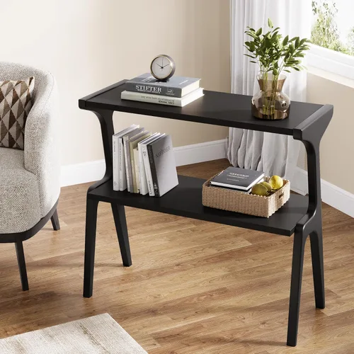 Vista 4 de Tribesigns Mesa auxiliar de madera maciza, mesa de dos niveles moderna y delgada para sofá con estantes de almacenamiento, mesa lateral alta