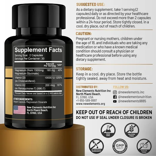 Vista 8 de Glicinato de magnesio 1500 mg con vitamina D3 K2 10,000 UI - Salud ósea, apoyo inmunológico, energía y estado de ánimo - Sin OMG, sin gluten, 60