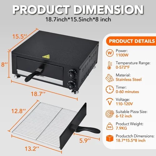Vista 6 de Horno de pizza profesional de 12 pulgadas Máquina de hornear eléctrica de 1100 W con temporizador de 60 minutos Construcción de acero inoxidable