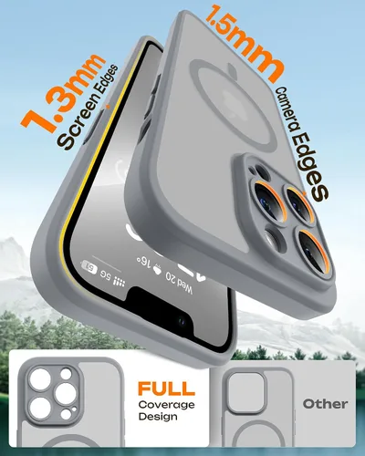 Vista 364 de TOCOL Funda magnética 3 en 1 para iPhone 15 Pro, mejorada [protección completa de cámara] con 2 protectores de pantalla, compatible con MagSafe Gris