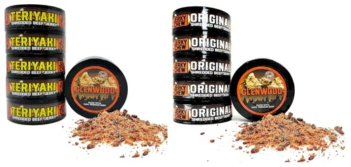 Vista 5 de Glenwood - Paquete variado de carne seca masticable, carne seca rallada, teriyaki y latas originales de 0.32 onzas (paquete de 6)