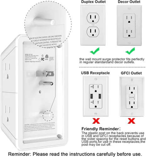 Vista 27 de Extensor de tomacorriente, protector de sobretensiones con 5 enchufes múltiples y 4 puertos USB (2 USB C), cargador de pared de regleta