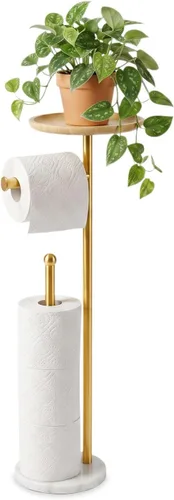 Vista 7 de Soporte para papel higiénico con bandeja grande de bambú de 7.9 pulgadas, base de mármol más pesada de 2.2 libras, soporte de papel de pie