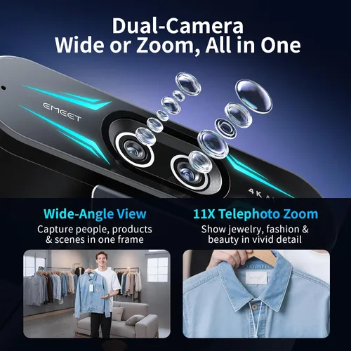 Vista 3 de EMEET C60E Cámara web de 4K de doble cámara para transmisión, cámaras de gran angular y telefoto, zoom híbrido máximo de 11X