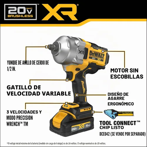 Vista 4 de DEWALT Kit de llave de impacto inalámbrica de 1/2 pulgada MAX XR de 20 V con yunque de anillo de retención rápida, batería y cargador incluidos