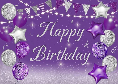 Vista 4 de INRUI Telón de fondo morado para fotografía de cumpleaños, globos plateados con purpurina para niñas y mujeres, pancarta de decoración de fiesta