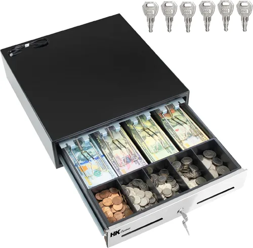 Vista 12 de HK SYSTEMS Cajón de efectivo negro resistente frontal de 16 pulgadas "acero inoxidable" con 5Bill/5Coin