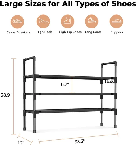 Vista 3 de Estante para zapatos de 3 niveles, organizador de almacenamiento para 16-20 pares de botas y zapatillas, estante vertical apilable con ganchos