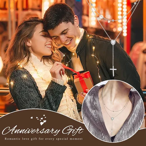 Vista 4 de FLYOW Collar en capas de plata de ley S925 con lágrima, doble gargantilla Y Lariat, collar de cadena larga, regalos de cumpleaños y Navidad