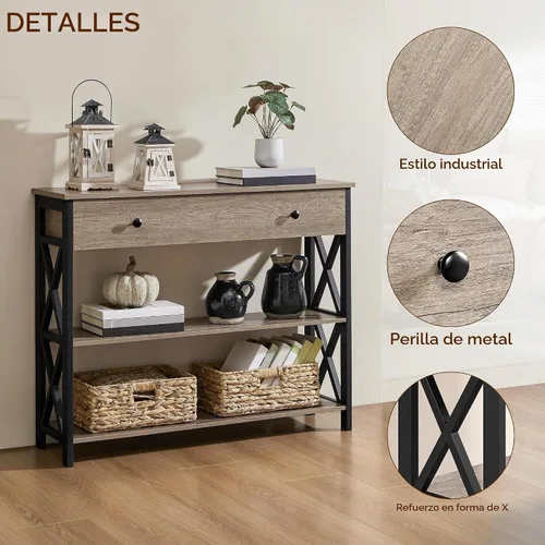 Vista 5 de Yaheetech - Mesa consola con cajón, mesa de entrada con almacenamiento de 3 niveles, color gris