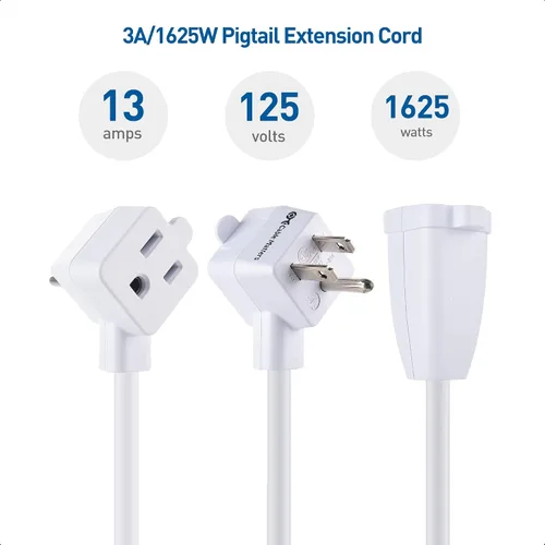 Vista 5 de Cable Matters Paquete de 2 cables de extensión cortos 13A 1625W de 2 salidas, 1 pie, color blanco Cable corto, ahorrador de salida, coleta