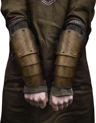 Vista 4 de HiiFeuer Brazo medieval de piel sintética de 4 capas, armadura de brazo, guanteletes mercenarios de la Edad Media, Guardias de brazo de arquero