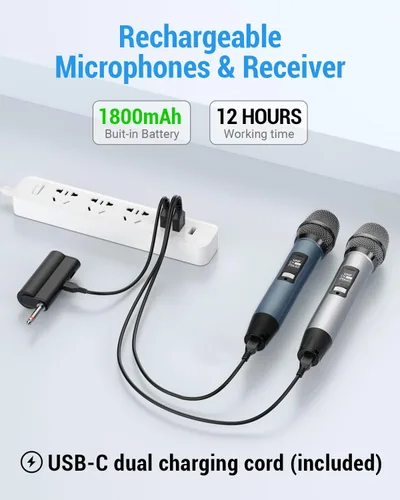 Vista 5 de Micrófonos Inalámbricos UHF Recargables, Dos Micrófonos de Mano de Metal con Receptor de 1/4", Plug-and-Play para Altavoz y Sistema PA, Karaoke