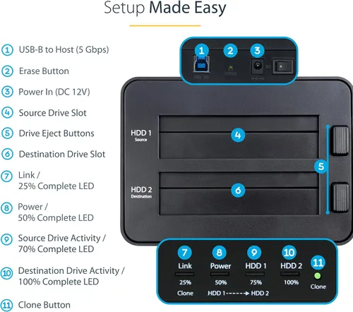Vista 4 de StarTech.com Duplicadora y borrador de disco duro de doble bahía, clonador/copiadora externa independiente HDD/SSD, estación de acoplamiento USB 3.0