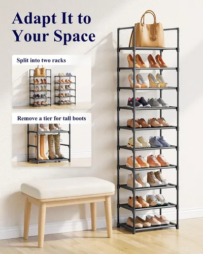 Vista 7 de Kitsure Zapatero – Organizador de zapatos de 10 niveles con estantes de tela desmontables y marco de metal, zapatero alto para armario, entrada