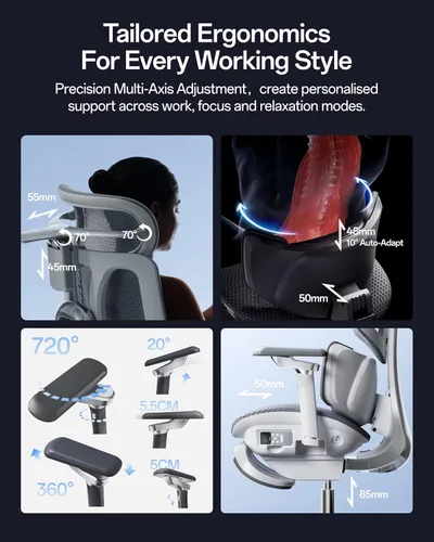 Vista 7 de Hbada X7 Silla ergonómica inteligente, silla de oficina ergonómica, seguimiento lumbar totalmente automatizado, reposacabezas ajustable 4D