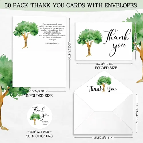 Vista 2 de Fumete Juego de 50 tarjetas de agradecimiento funerarias con sobres y calcomanías, tarjetas de agradecimiento de condolencias con mensaje
