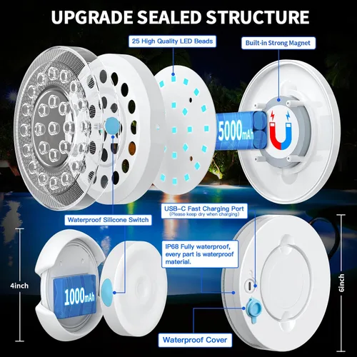Vista 4 de Luz de piscina, 6 pulgadas, 25 LED RGB sumergible luz flotante Bluetooth APP Control, 4000mAh Rechargeable, IP68 Waterproof, Magnetic Mount, Above