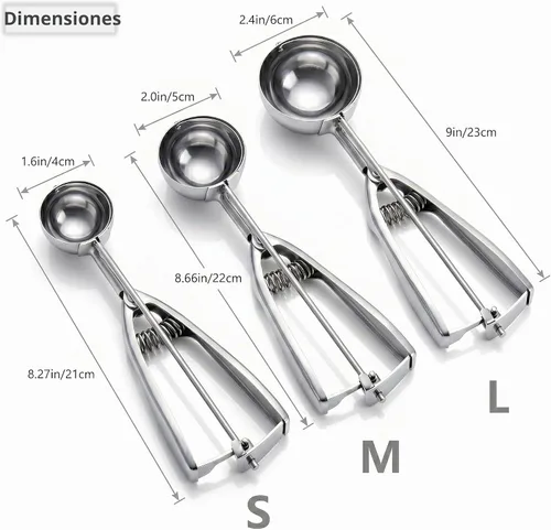 Vista 2 de Cuchara para helado, juego de 3 cucharas para galletas, cuchara de helado de acero inoxidable con liberación de gatillo, cuchara de galletas