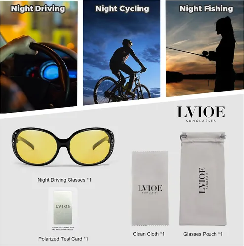 Vista 11 de LVIOE Gafas de conducción de visión nocturna envolventes antirreflejos con lente amarilla polarizada para mujer