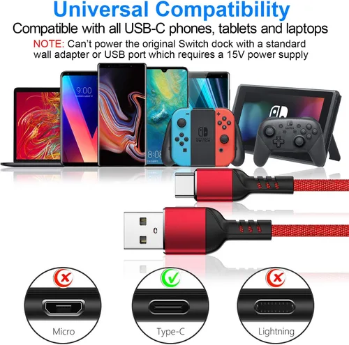Vista 5 de Cable de carga para NS Switch and Switch Lite Paquete de 2 cables de carga de nailon trenzado USB C a USB A tipo C de sincronización rápida
