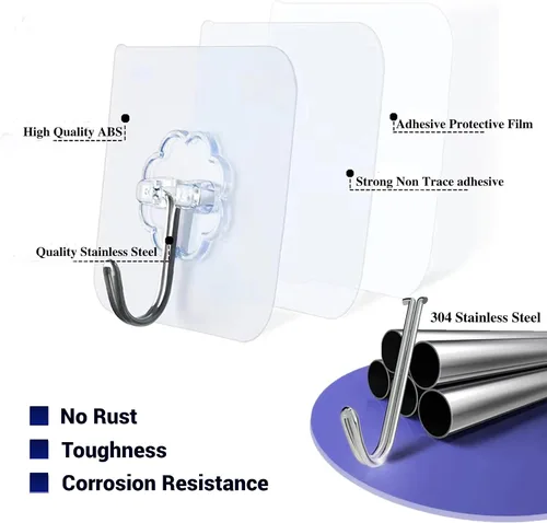 Vista 7 de Ganchos adhesivos para colgar, ganchos de pared resistentes, ganchos transparentes autoadhesivos, ganchos impermeables para toallas y abrigos