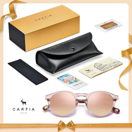 Vista 56 de CARFIA Gafas de sol polarizadas de acetato redondo para mujer, protección UV de cara pequeña con funda de cuero CA5288