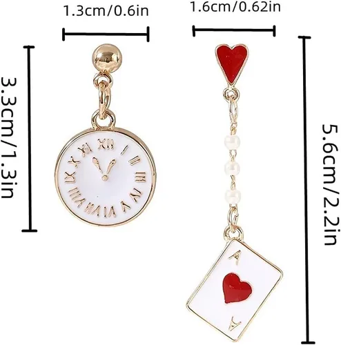 Vista 4 de Aretes colgantes de póquer para mujer, aretes de reina de corazón rojo, aretes de tarjeta de póquer con corazón rojo, aretes asimétricos largos
