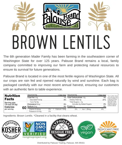 Vista 2 de Palouse Brand Lentejas marrones certificadas sin residuos de glifosato 25 libras a granel Sin desecantes germinables Proyecto verificado