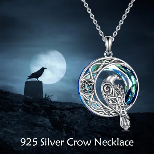 Vista 6 de ONEFINITY Collar de cuervo de cristal de plata de ley vikingo celta cuervo colgante de cuervo de luna creciente amuleto de pentagrama joyería