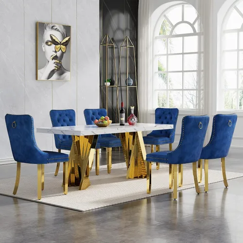 Vista 88 de HomVent - Juego de mesa de comedor de mármol sintético de 68 pulgadas con 4 sillas de terciopelo para cocina Modern Rectangular Faux Marble