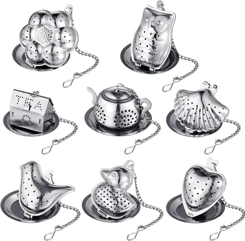 Vista 7 de Vesici Juego de 10 infusores de té de hojas sueltas de acero inoxidable para soporte de té suelto, filtro de té con bola de infusor, incluye ganchos