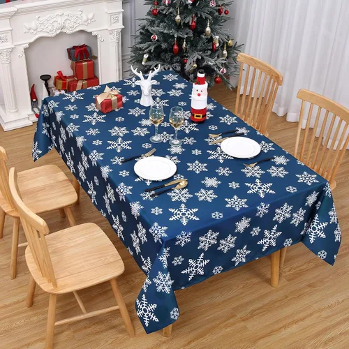 Vista 2 de CAROMIO Mantel navideño rectangular de 60 x 120 pulgadas, diseño de copos de nieve azules, decoración de Navidad para exteriores, para cena
