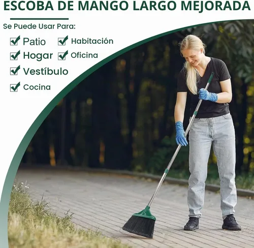 Vista 3 de 4 escobas comerciales resistentes para exteriores e interiores con mango de 61 pulgadas de largo, perfectas para el hogar, garaje, cocina, oficina