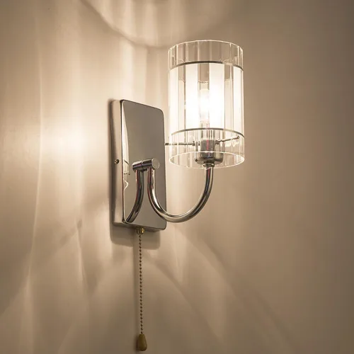 Vista 2 de Aplique de pared de vidrio transparente con interruptor de cadena de tracción, lámpara de tocador de baño cromada, cilíndrica, moderna, de mediados