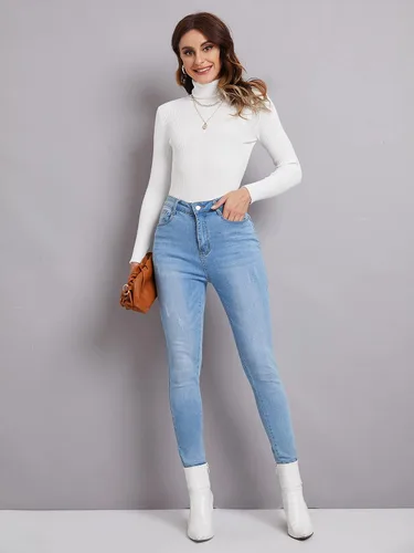 Vista 3 de SweatyRocks Suéter de punto acanalado de manga larga con cuello alto para mujer