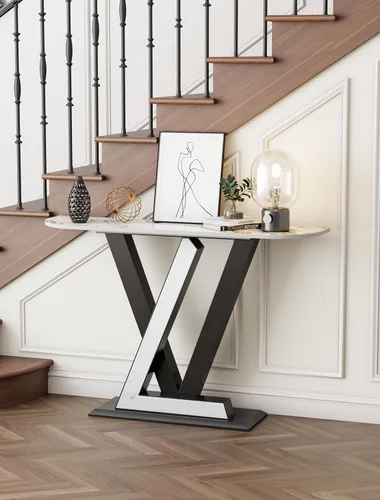 Vista 3 de Mesa consola moderna de 47.24 pulgadas, mesas de entrada con mesa de piedra sinterizada y base de metal, mesas decorativas estrechas para pasillo