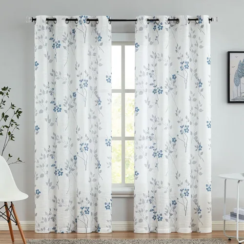 Vista 26 de Beauoop Juego de 2 cortinas semitransparentes de lino floral para sala de Clásico azul y gris