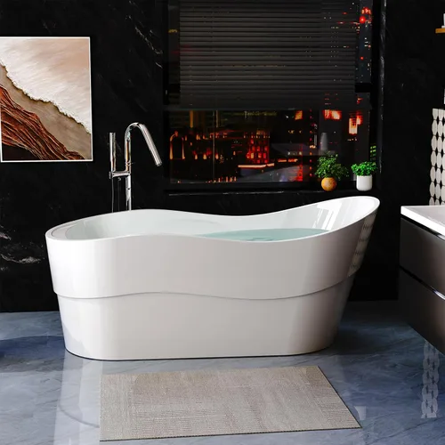 Vista 10 de Empava Tina de baño, tina de remojo de 1.70 m, tina acrílica independiente con desagüe central y desbordamiento, tina de baño de diseño