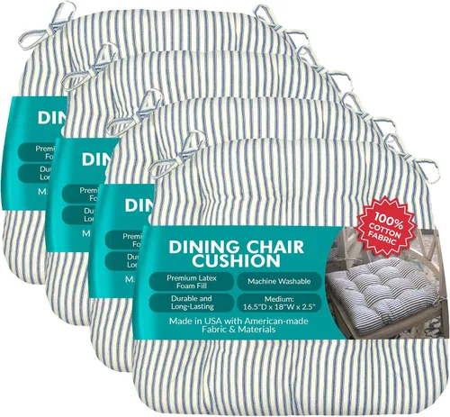 Vista 63 de Barnett Home Decor Ticking Stripe Berlin Blue - Almohadilla para silla de comedor con lazos, tamaño mediano 18, relleno de espuma de látex, lavable